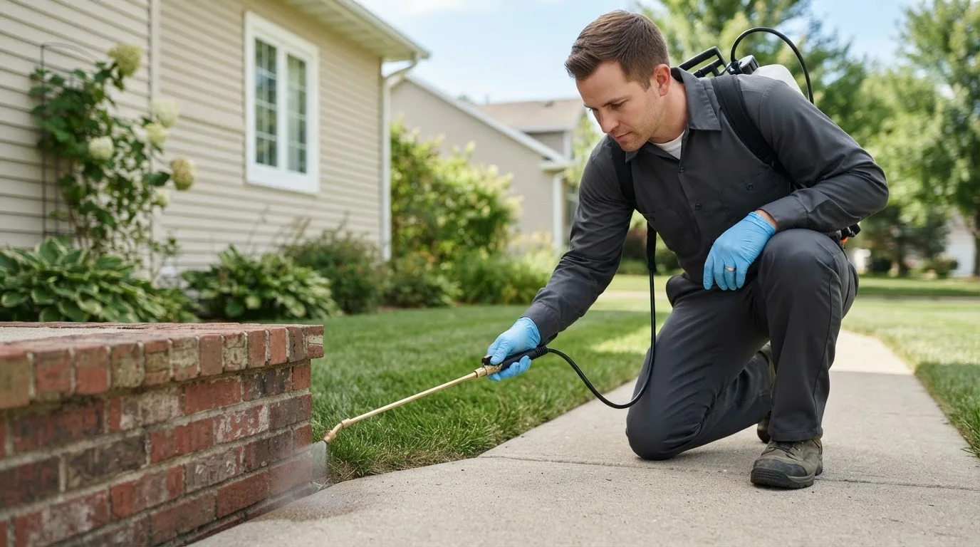 Pest control technician treating a home near Emden, MO