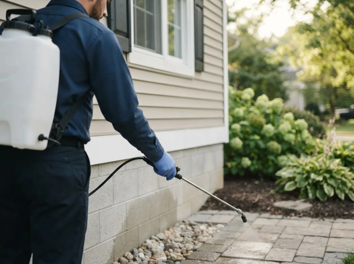 Pest control technician inspecting a home in Emden, MO